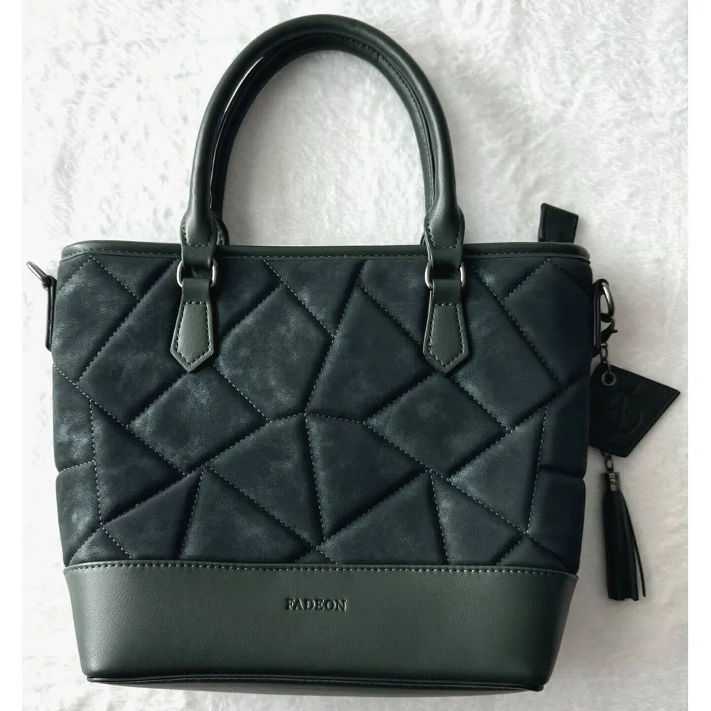 FADEON Handbag Emerald Green Two Handle Purse‎ Multi Pockets Tassel Brown Lining